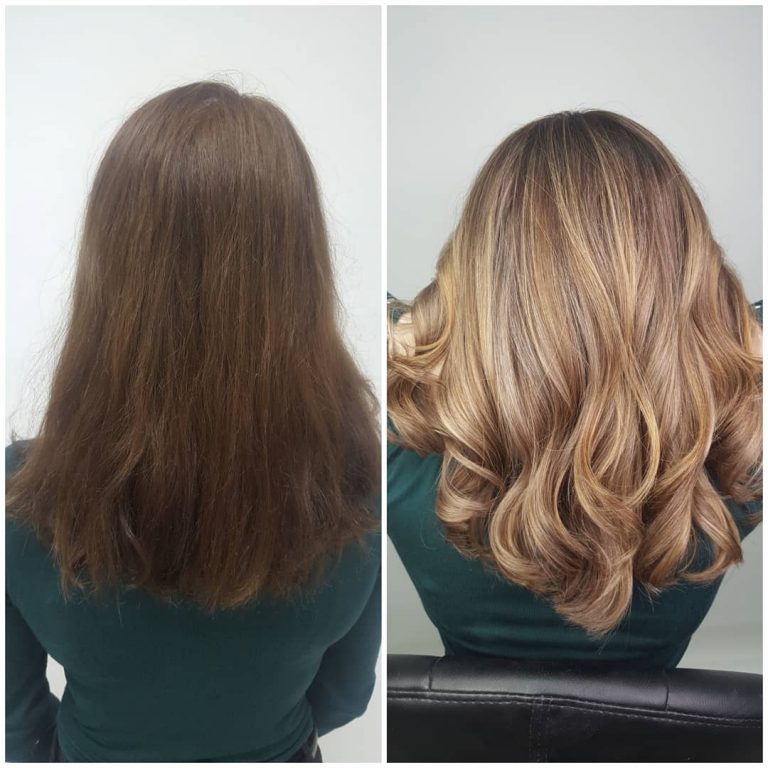 Metamorfoza koloru: z ciemnego brązu na rozjaśniony blond z falami — przed i po