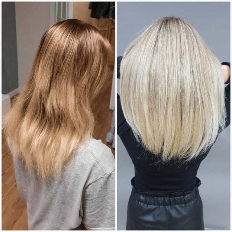 Rozjaśnianie włosów do platynowego blondu — efekt przed i po