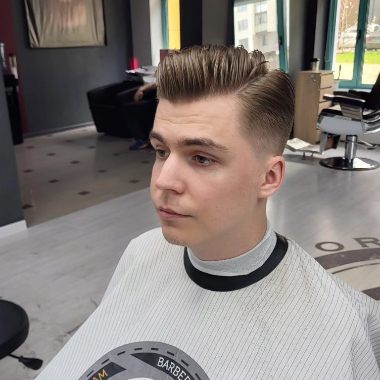 Classic pompadour with volume on top — front three-quarter view